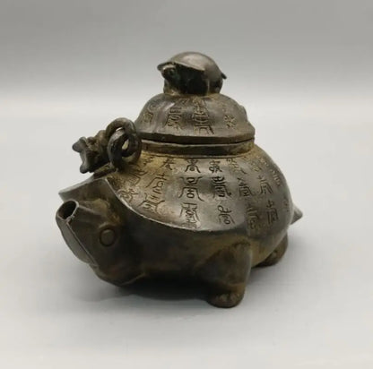 China archaize brass Mother son turtle teapot crafts statue