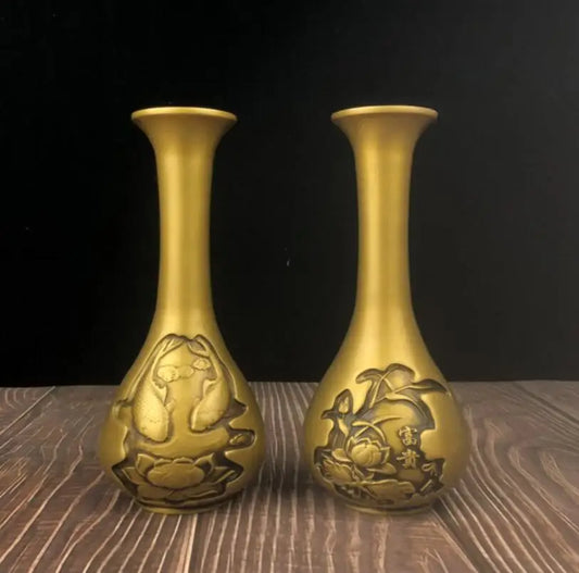 China archaize brass lotus fish vase crafts statue A pair
