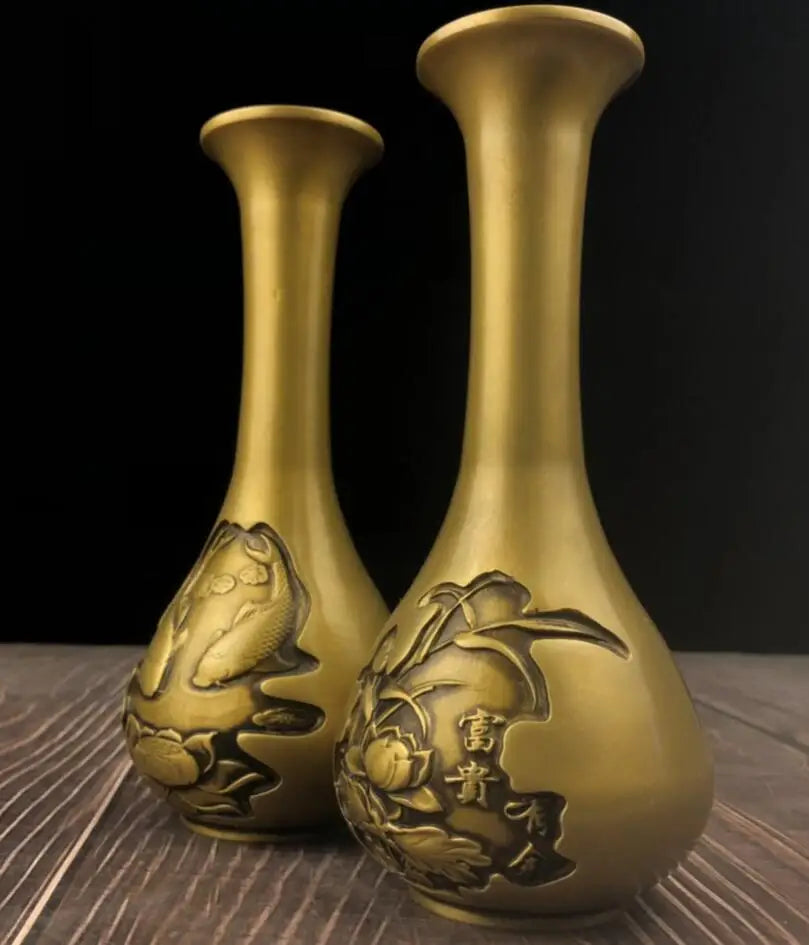 China archaize brass lotus fish vase crafts statue A pair