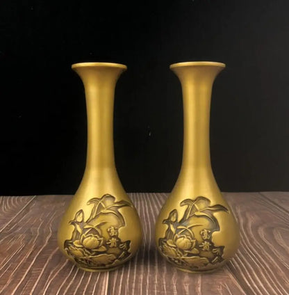 China archaize brass lotus fish vase crafts statue A pair