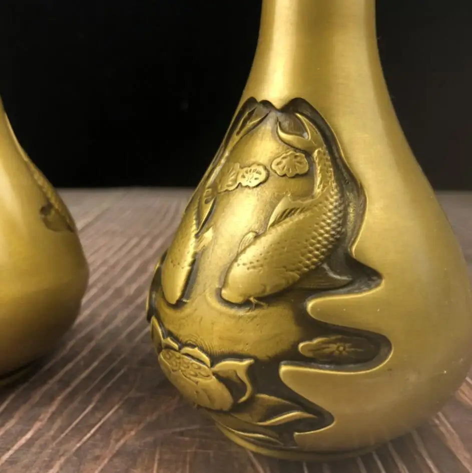 China archaize brass lotus fish vase crafts statue A pair