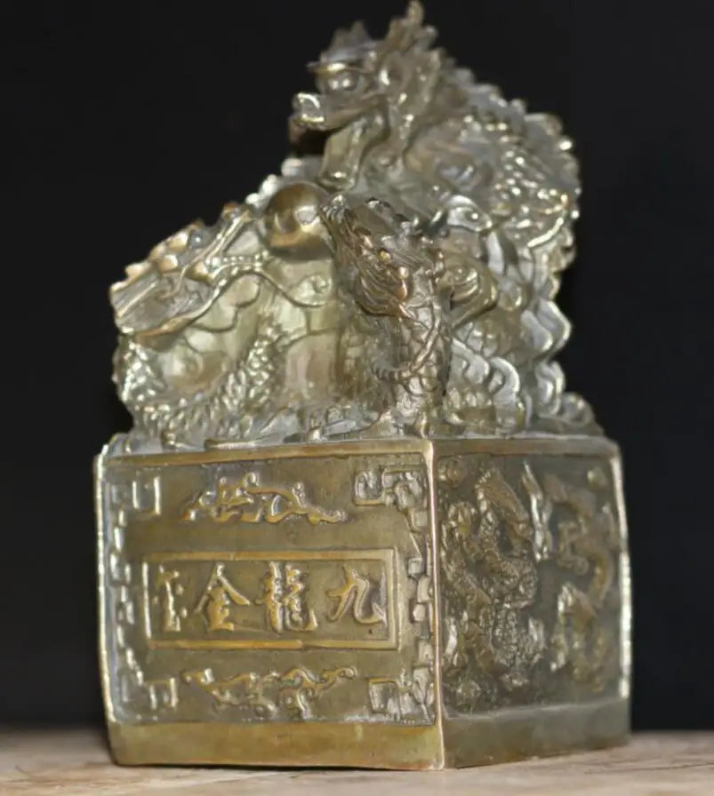 China archaize brass nine dragon seal crafts statue