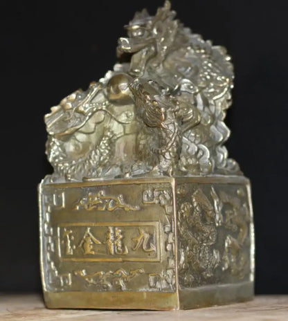 China archaize brass nine dragon seal crafts statue