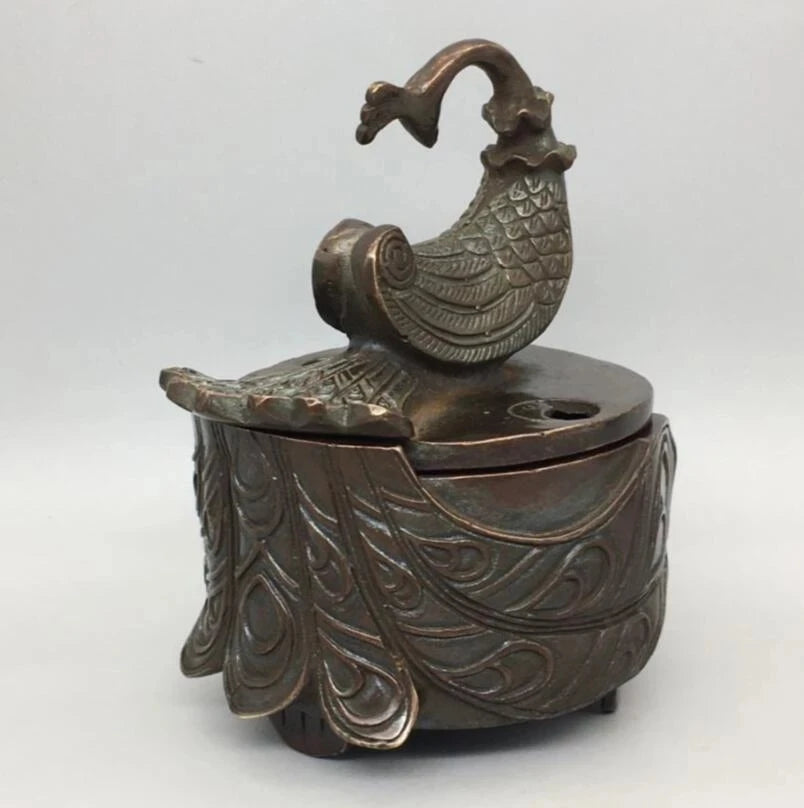 China archaize brass peacock Smoked incense burner crafts statue