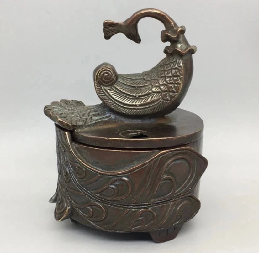 China archaize brass peacock Smoked incense burner crafts statue