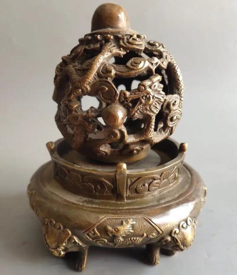China archaize brass rotating dragon Incense burner crafts statue
