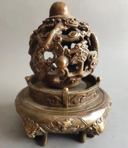 China archaize brass rotating dragon Incense burner crafts statue