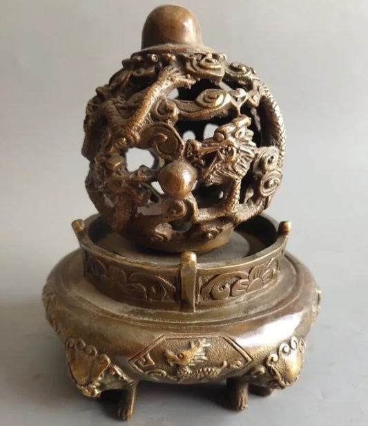 China archaize brass rotating dragon Incense burner crafts statue