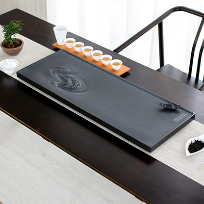 China black stone tea tray heavy table water draining outlet handmade serving trays fish carved rectangle tea boat large new