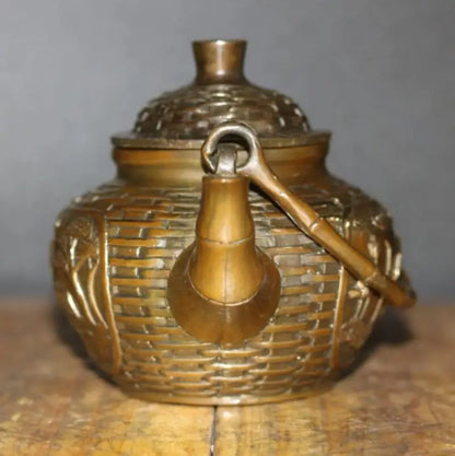 China brass Bamboo basket shape teapot crafts statue