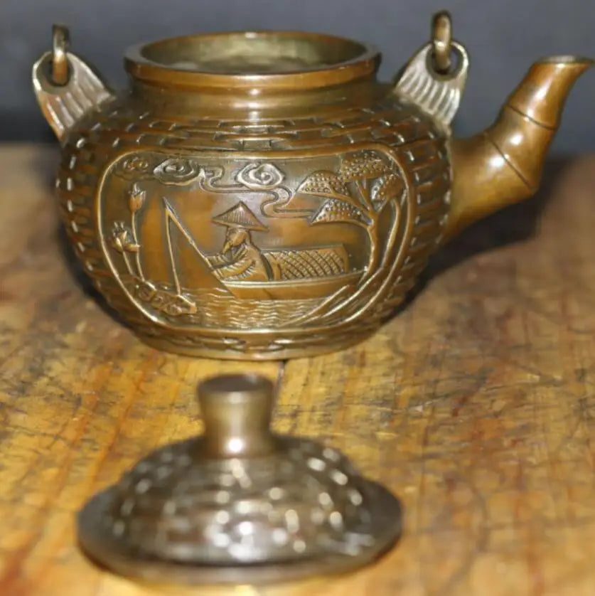China brass Bamboo basket shape teapot crafts statue