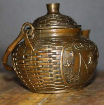 China brass Bamboo basket shape teapot crafts statue