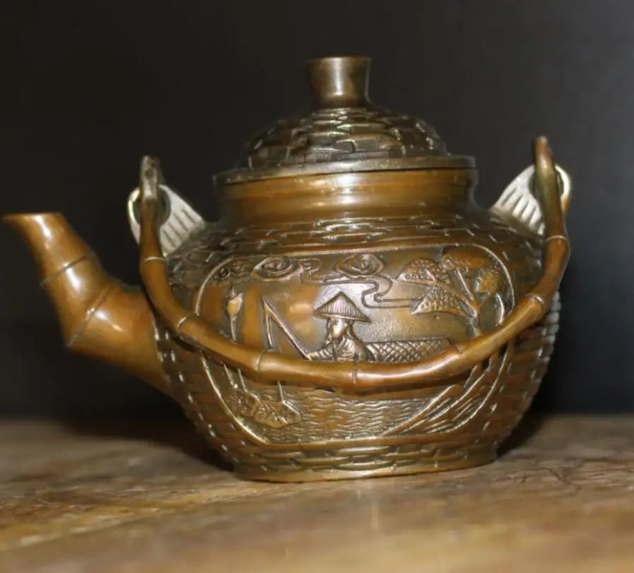 China brass Bamboo basket shape teapot crafts statue