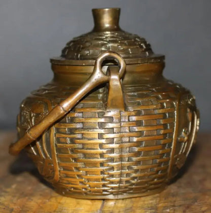 China brass Bamboo basket shape teapot crafts statue