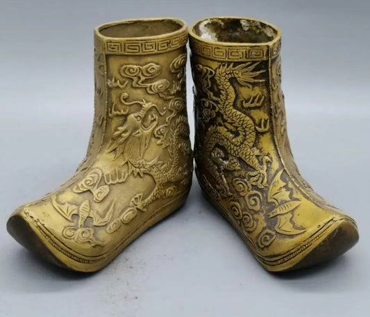 China brass Carving dragon boots crafts statue A pair
