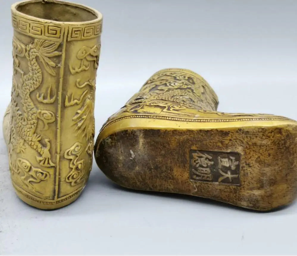China brass Carving dragon boots crafts statue A pair