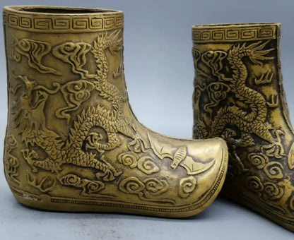 China brass Carving dragon boots crafts statue A pair
