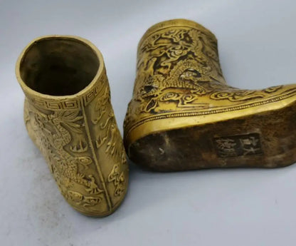 China brass Carving dragon boots crafts statue A pair