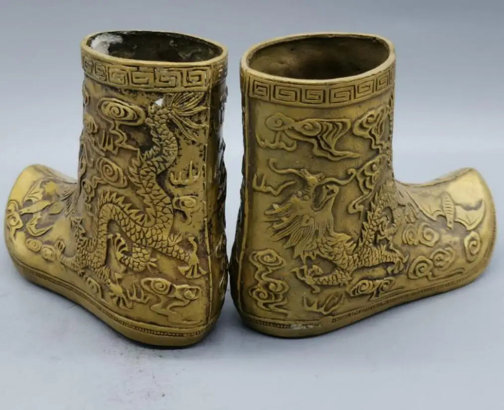 China brass Carving dragon boots crafts statue A pair