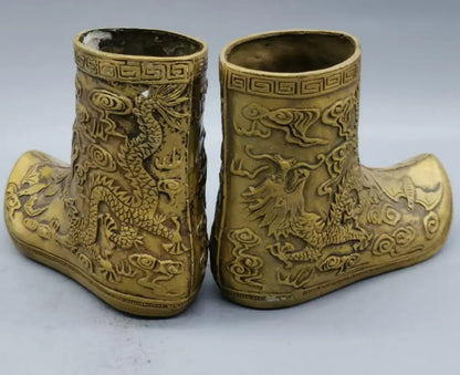 China brass Carving dragon boots crafts statue A pair