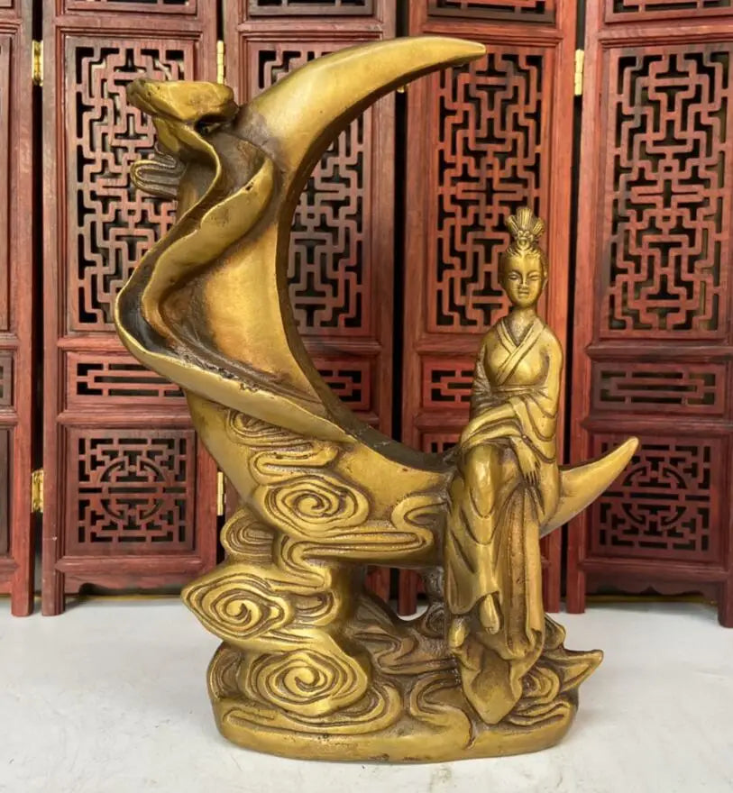 China brass Chang'e sit moon Backflow incense burner crafts statue