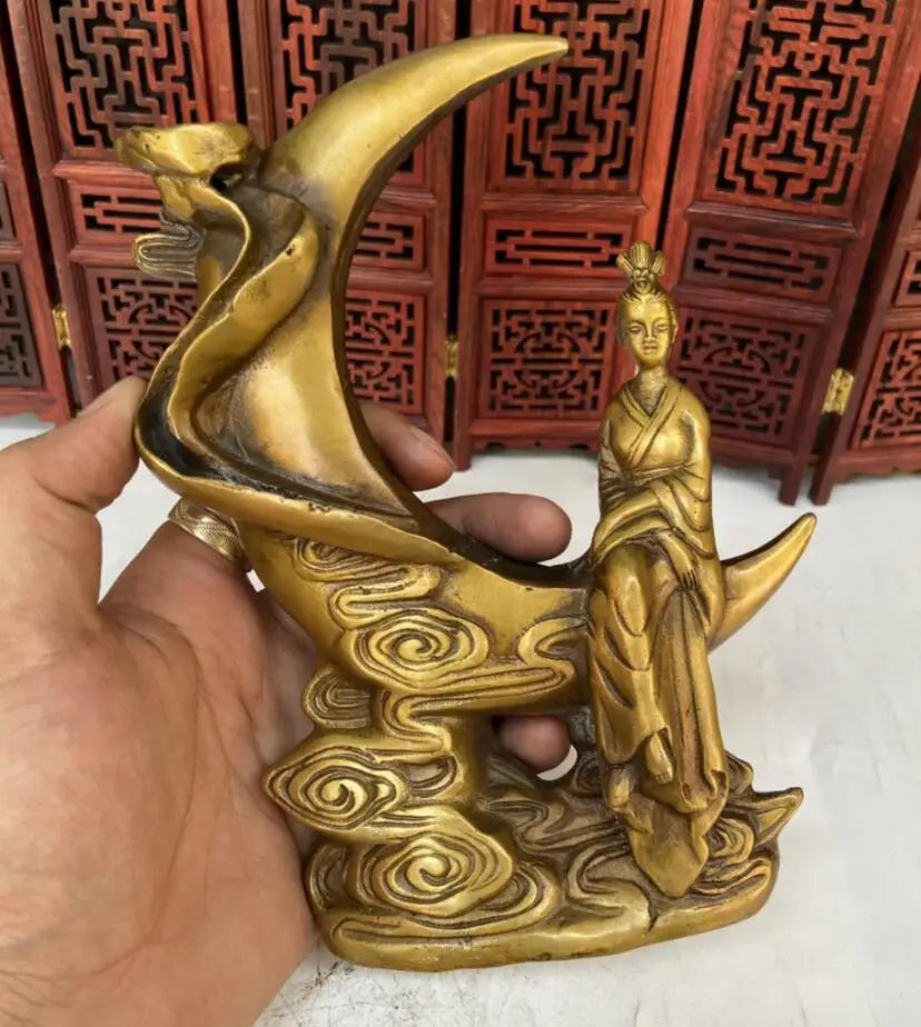 China brass Chang'e sit moon Backflow incense burner crafts statue