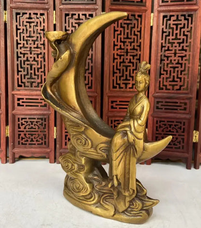 China brass Chang'e sit moon Backflow incense burner crafts statue