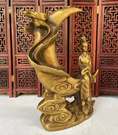 China brass Chang'e sit moon Backflow incense burner crafts statue