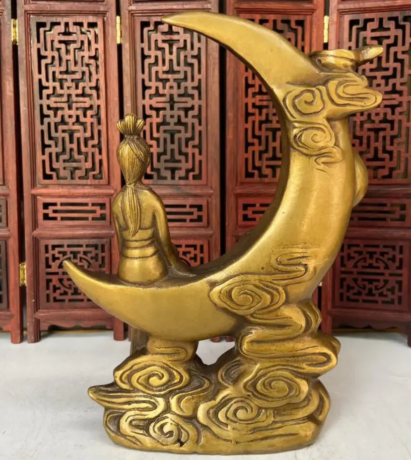 China brass Chang'e sit moon Backflow incense burner crafts statue