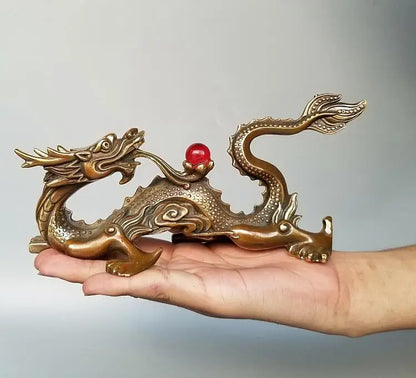 China brass Dragon play beads crafts statue