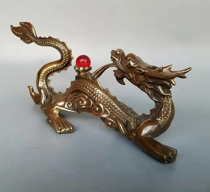 China brass Dragon play beads crafts statue