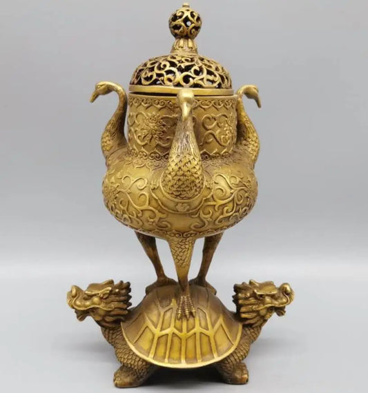 China brass Dragon turtle Crane incense burner crafts statue
