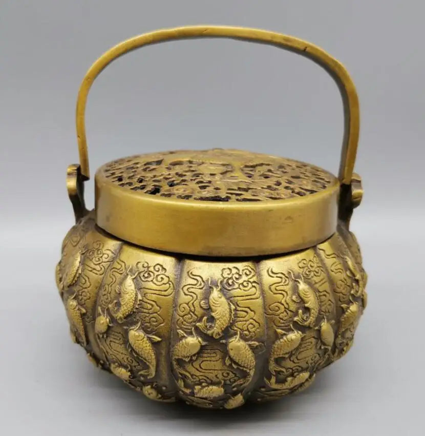 China brass Exquisite carving fish incense burner crafts statue