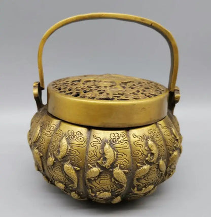 China brass Exquisite carving fish incense burner crafts statue