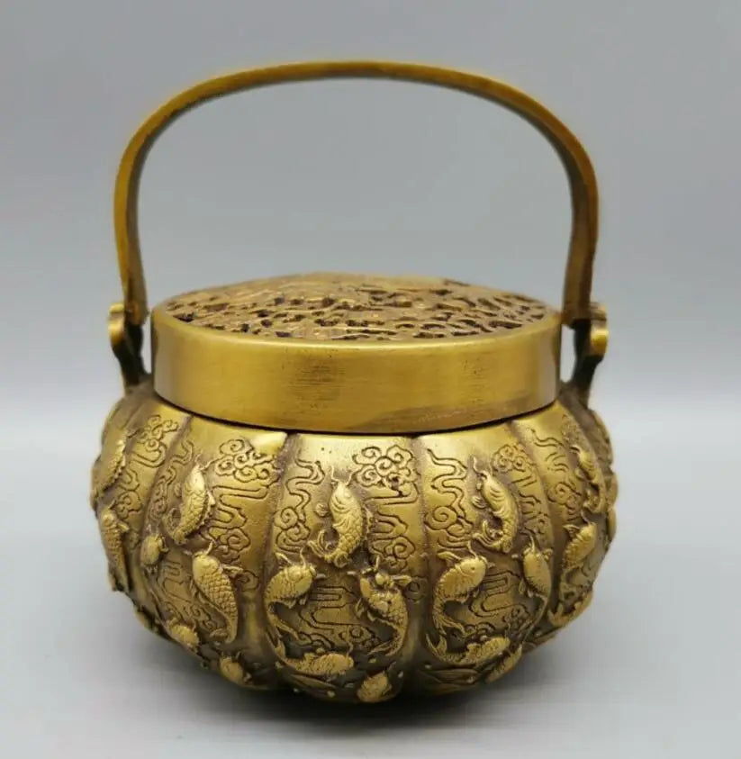China brass Exquisite carving fish incense burner crafts statue