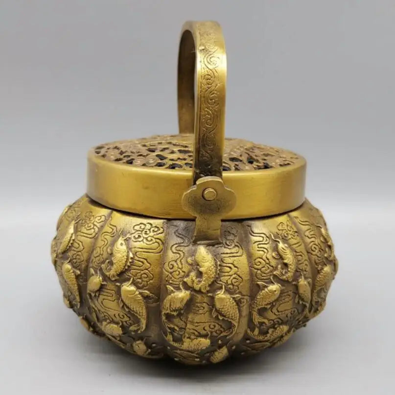 China brass Exquisite carving fish incense burner crafts statue