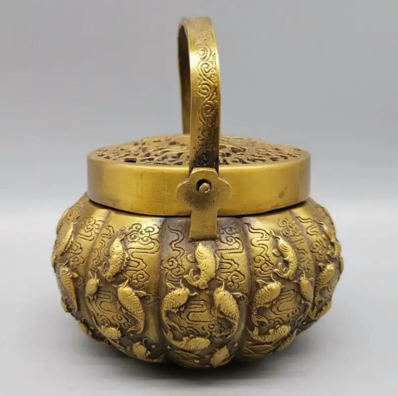 China brass Exquisite carving fish incense burner crafts statue