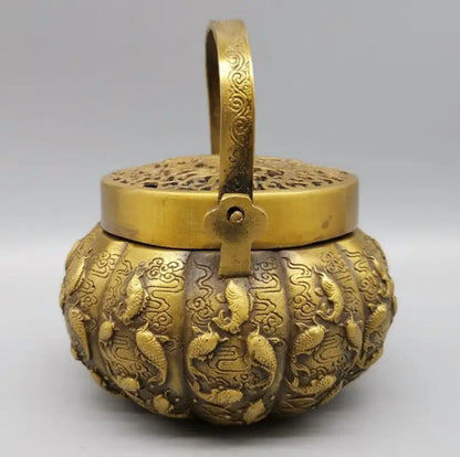 China brass Exquisite carving fish incense burner crafts statue