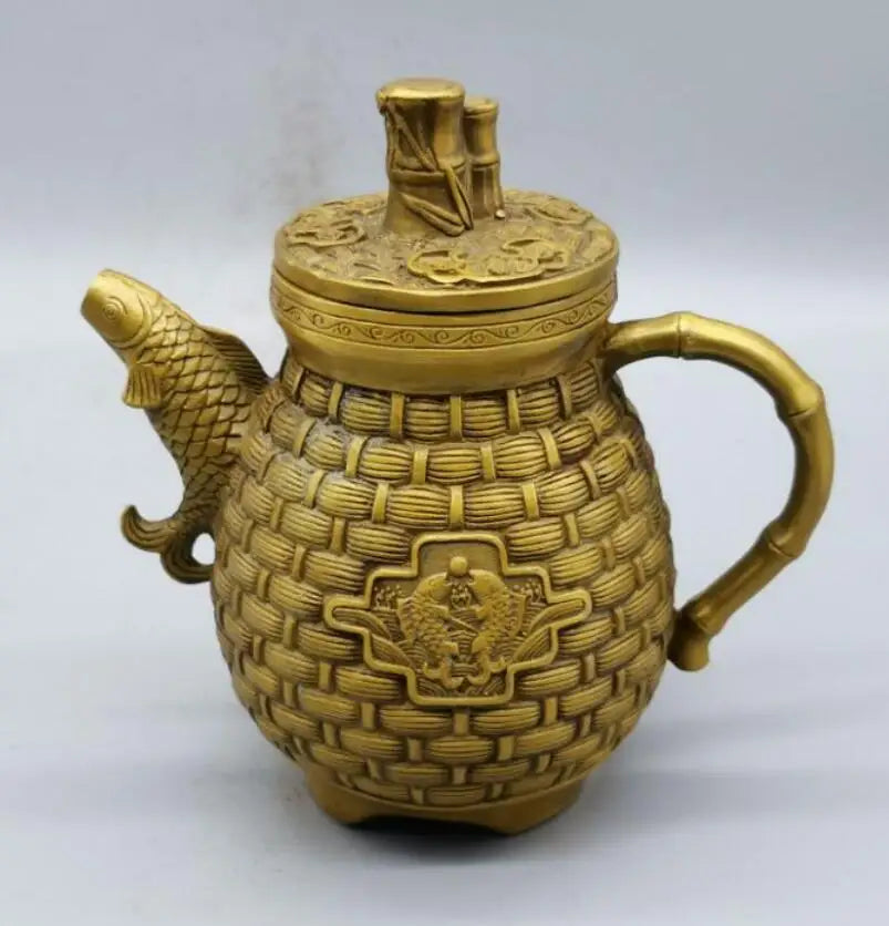 China brass Fish basket teapot crafts statue