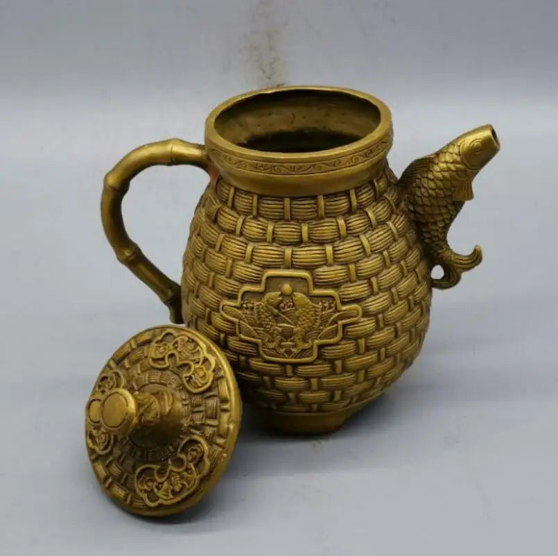 China brass Fish basket teapot crafts statue