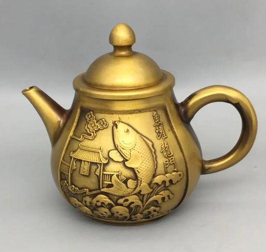 China brass Fish leaping dragon gate teapot crafte statue