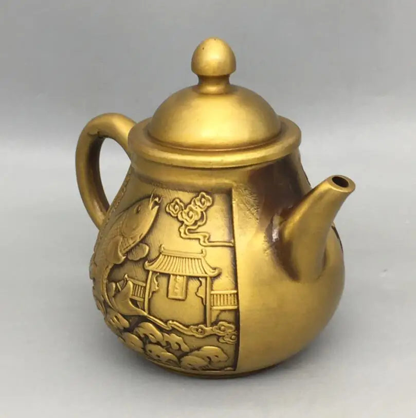 China brass Fish leaping dragon gate teapot crafte statue