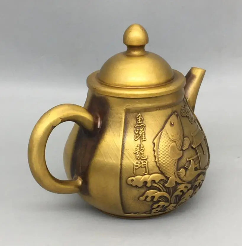 China brass Fish leaping dragon gate teapot crafte statue