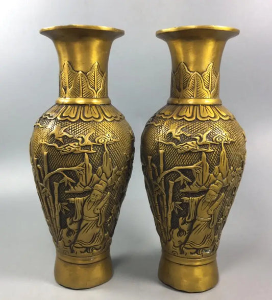 China brass Fu lu shou three God vase crafts statue A pair