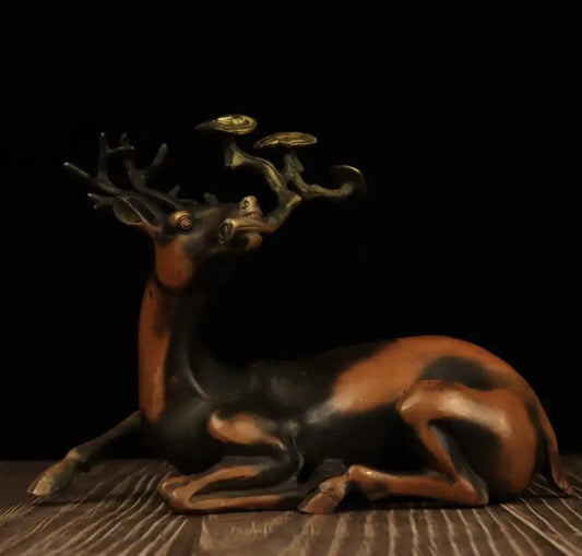 China brass Ganoderma lucidum Sika deer crafts statue