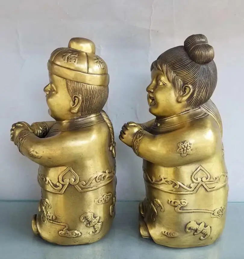China brass Golden boy Jade girl crafts statue A pair