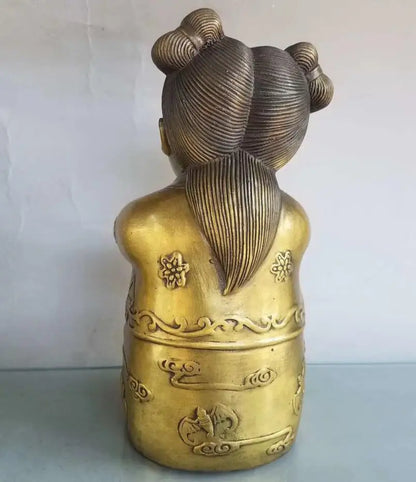 China brass Golden boy Jade girl crafts statue A pair