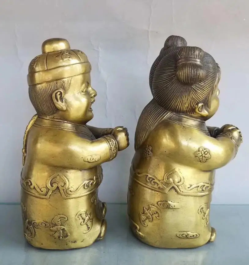 China brass Golden boy Jade girl crafts statue A pair