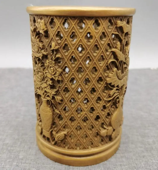 China brass Hollow out Sculpture flower Pen holder crafts statue