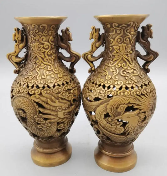 China brass Hollow out dragon phoenix vase crafts statue A pair